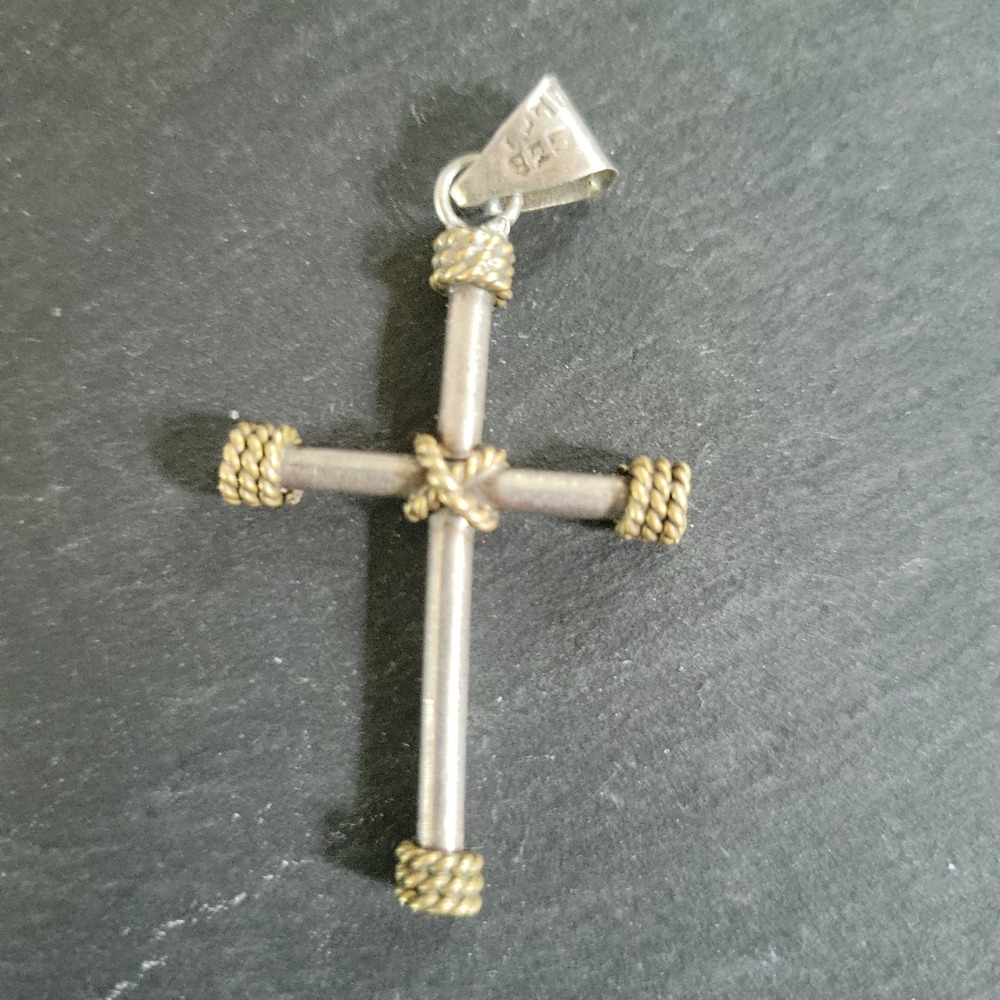 Sterling Silver Vintage Mexico Mixed Metal Rope Cross Gothic 90s‎